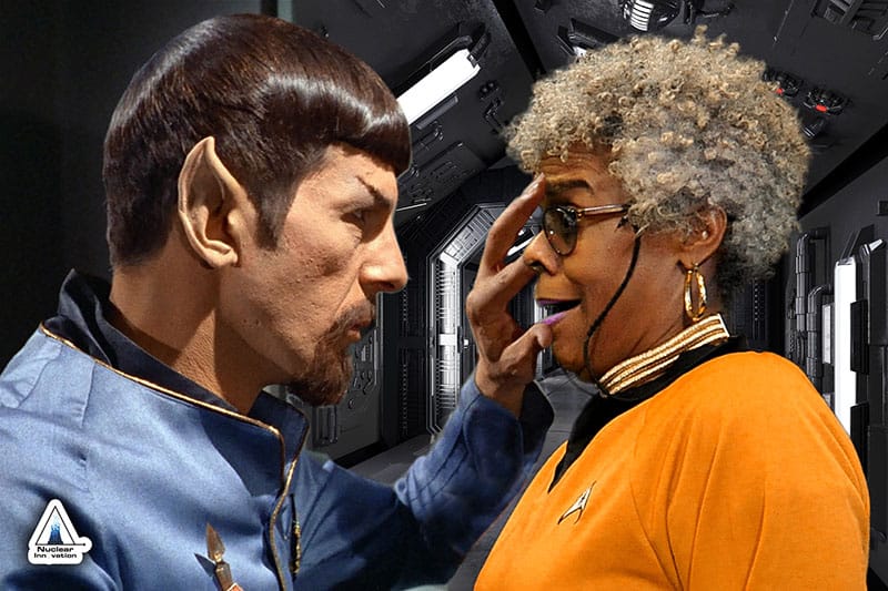 A participant "joins" with Spock in the famous mind meld scene at this Salt Lake City green screen photo booth experience.