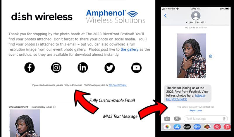 Philadelphia green screen photo booths Custom Email Our Philadelphia Green Screen Photo Booths feature custom emails and MMS text messaging. Your marketing -- not ours -- is featured on all emails and texts sent from the event floor.